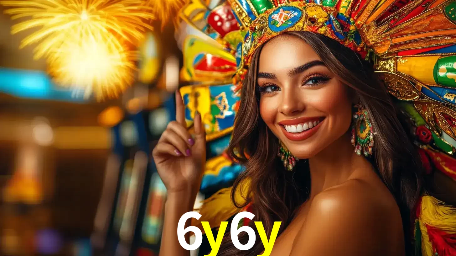 Mulher sorridente com um cocar de carnaval vibrante e colorido, celebrando uma grande vitória nos jogos do cassino 6y6y com fogos de artifício ao fundo.