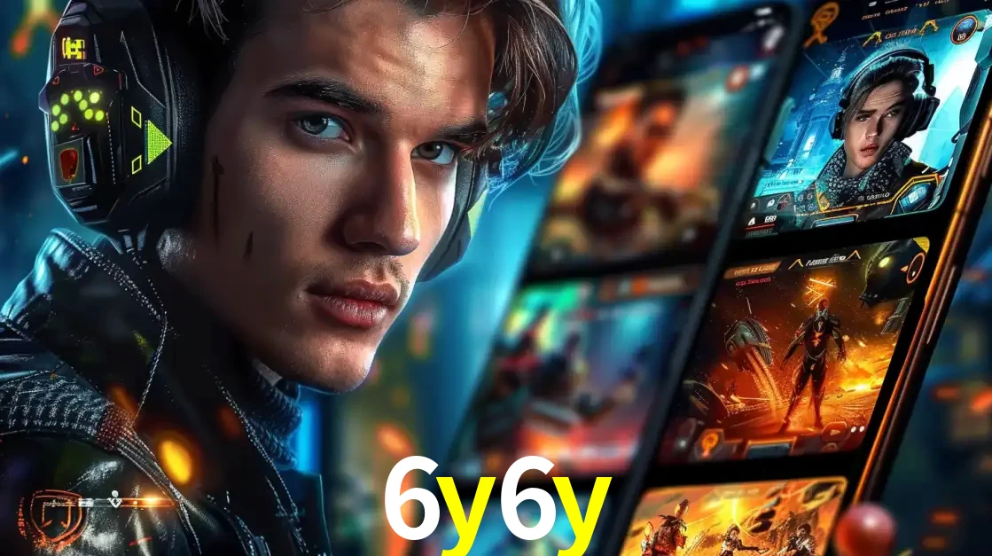 Jovem jogador com fones de ouvido olhando para a câmera, com um aplicativo de jogos e e-sports para celular ao fundo, pronto para a competição e apostas no 6y6y.