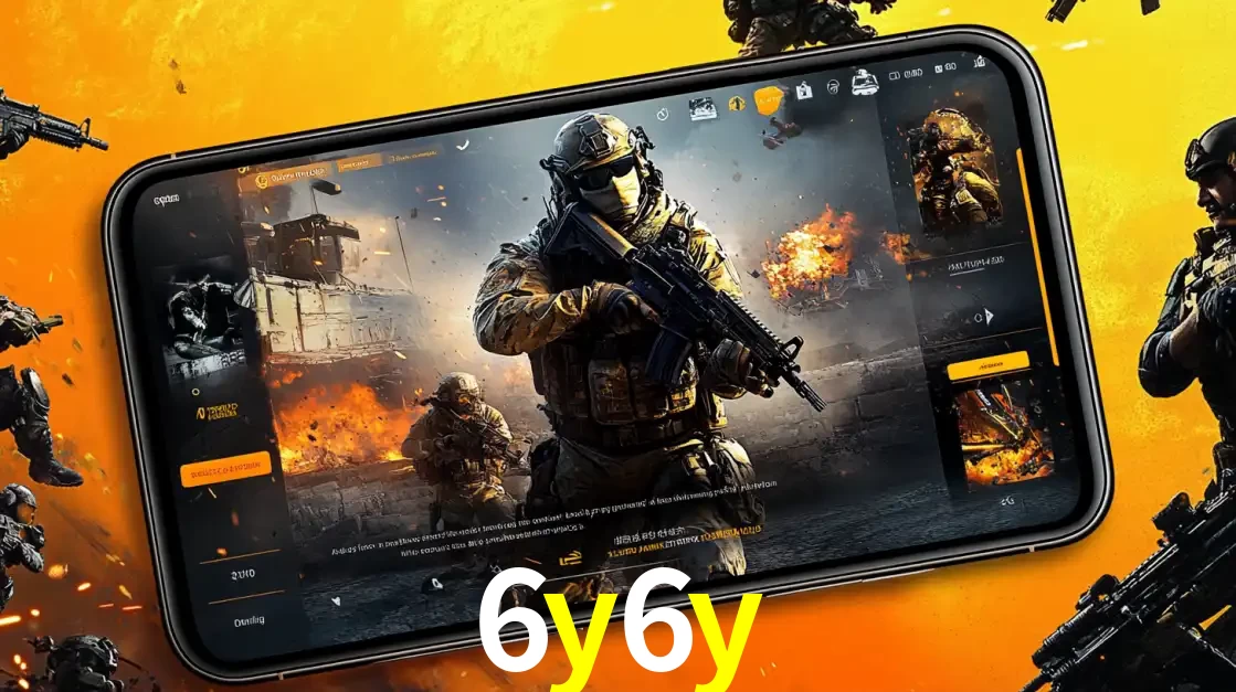 Um smartphone exibindo a interface de um jogo de tiro em primeira pessoa, com um soldado em um cenário de batalha, representando a ação dos e-sports para apostar no 6y6y.