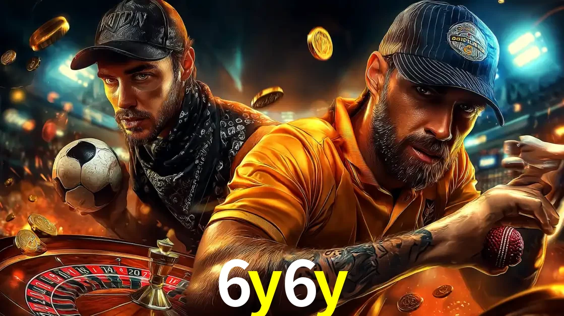 Montagem de apostas esportivas e cassino no 6y6y, com um homem segurando uma bola de futebol e outro uma de beisebol sobre uma roleta e moedas voadoras.