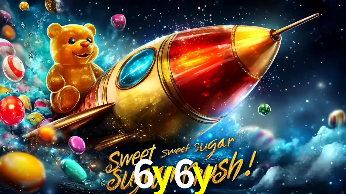 Arte promocional do jogo de slot Sugar Rush, com um urso de pelúcia em um foguete viajando pelo espaço de doces, um dos jogos divertidos disponíveis no cassino 6y6y.