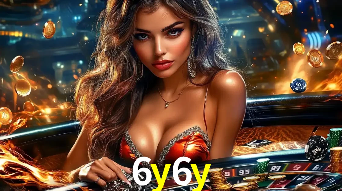 Mulher glamourosa em uma mesa de roleta com um fundo de chamas e moedas voadoras, pronta para fazer sua aposta e ganhar grandes prêmios no cassino ao vivo 6y6y.