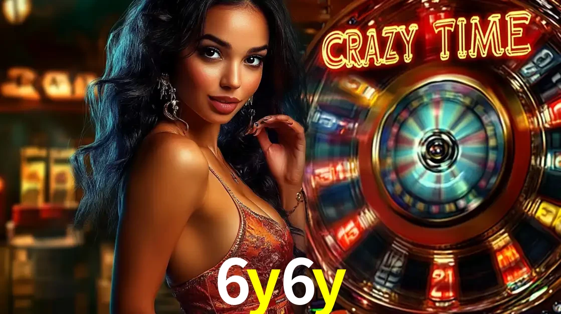 Mulher elegante ao lado da vibrante roda da fortuna do jogo de cassino ao vivo Crazy Time, um dos game shows mais populares e cheios de prêmios do 6y6y.