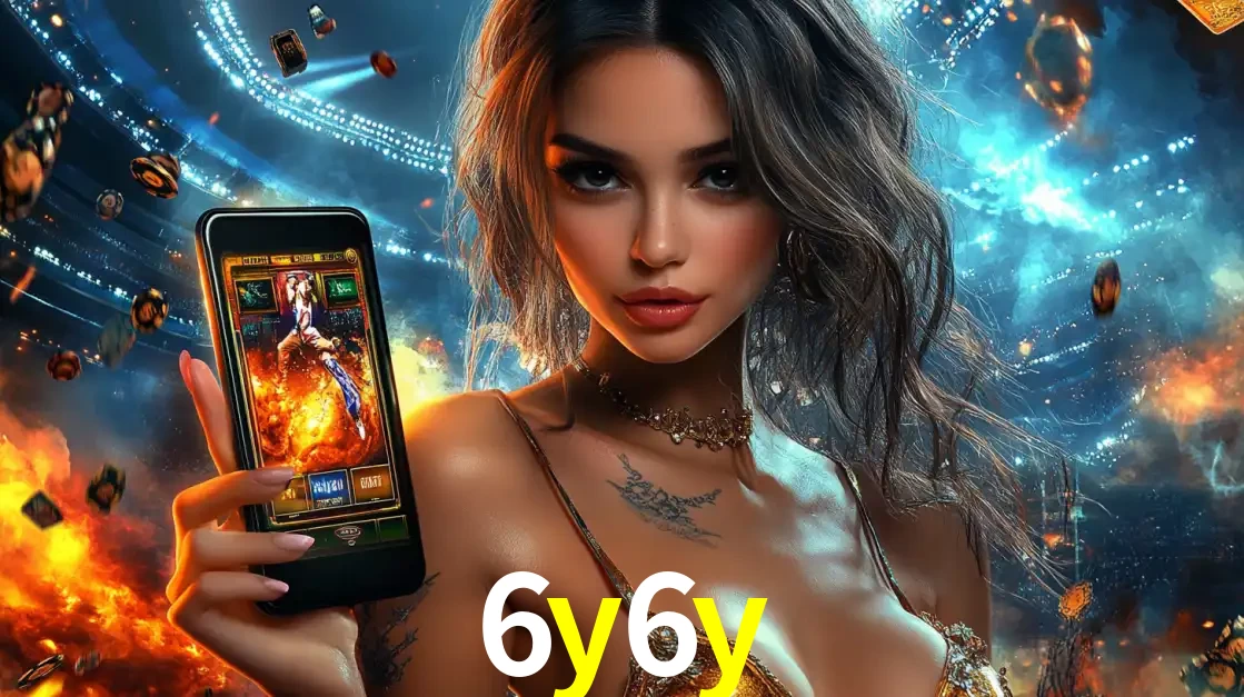 Mulher segurando um celular com um jogo de slot em destaque, tendo como fundo um estádio vibrante, simbolizando a emoção de jogar no cassino móvel 6y6y.