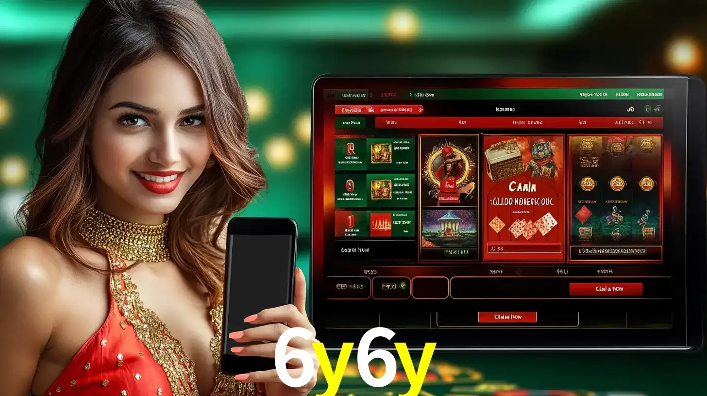 Mulher sorridente segurando um smartphone, ao lado de uma tela exibindo o lobby de jogos do cassino online 6y6y, com várias opções de jogos de cartas e slots.